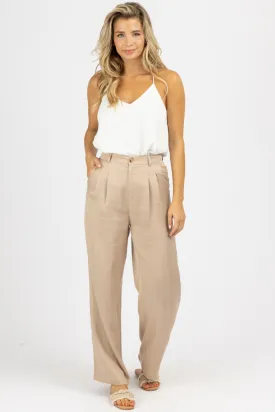 KHAKI PLEATED WOVEN PANTS