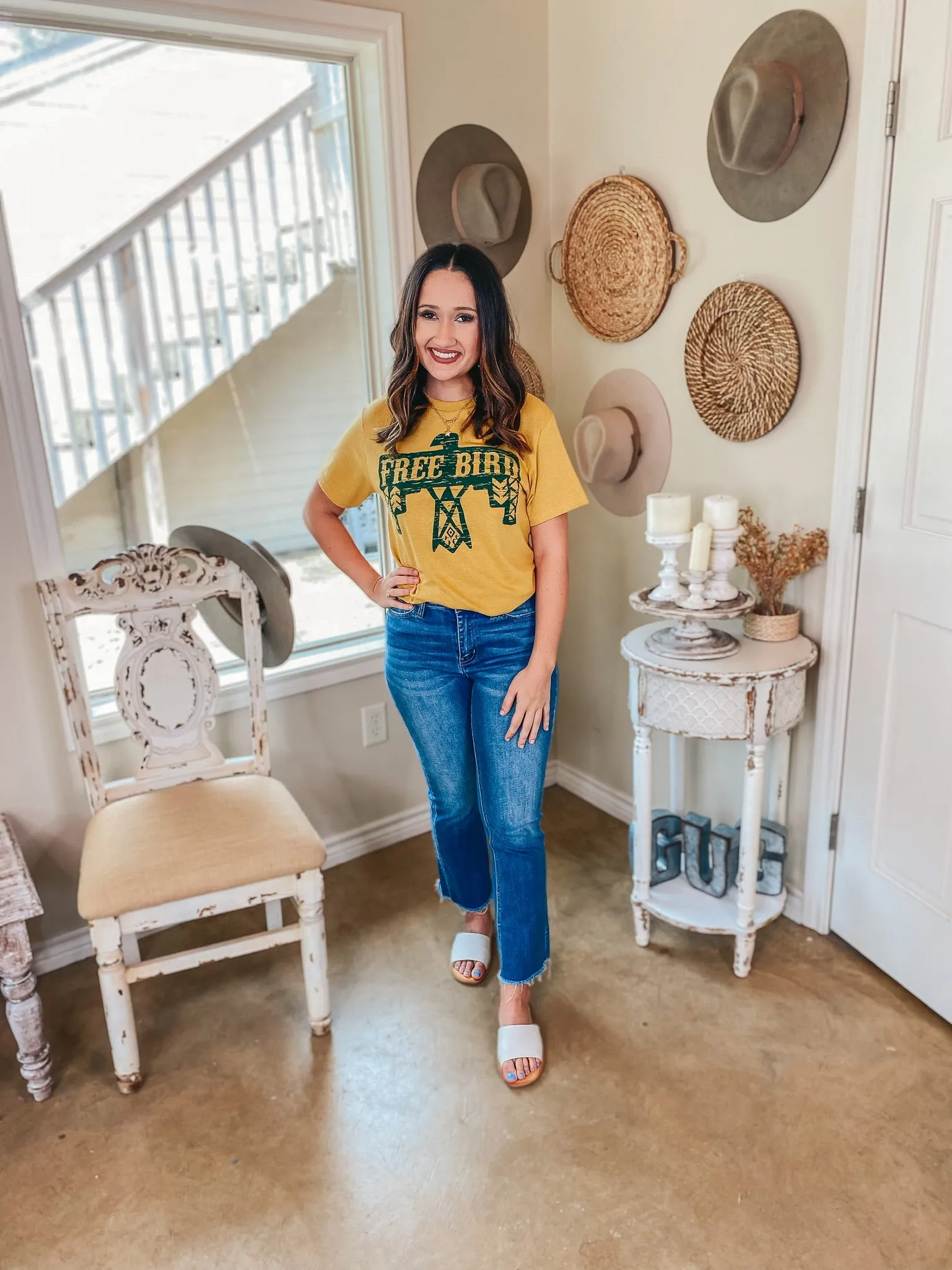 Last Chance Size Small | Free Bird Thunderbird Short Sleeve Graphic Tee in Mustard Yellow