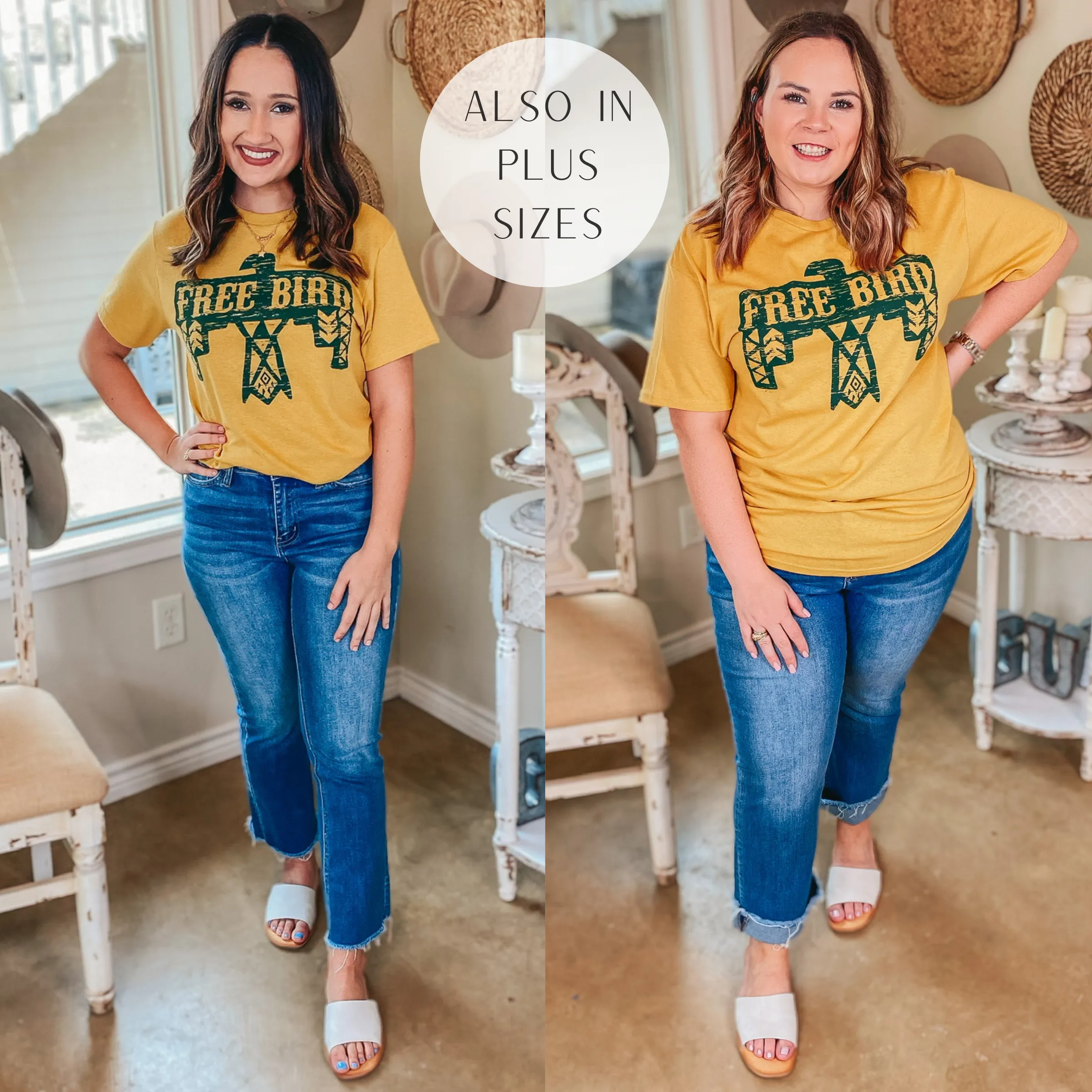 Last Chance Size Small | Free Bird Thunderbird Short Sleeve Graphic Tee in Mustard Yellow
