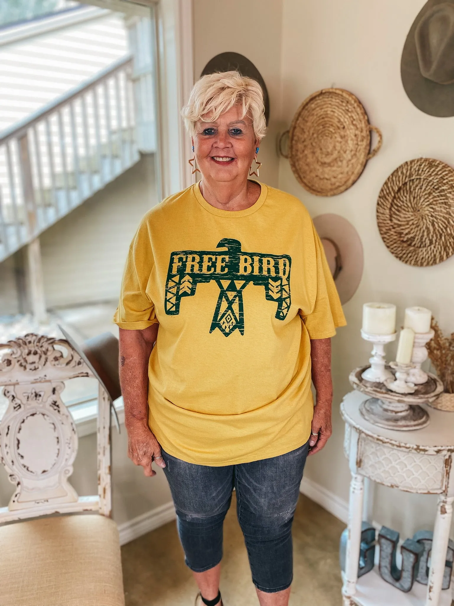 Last Chance Size Small | Free Bird Thunderbird Short Sleeve Graphic Tee in Mustard Yellow