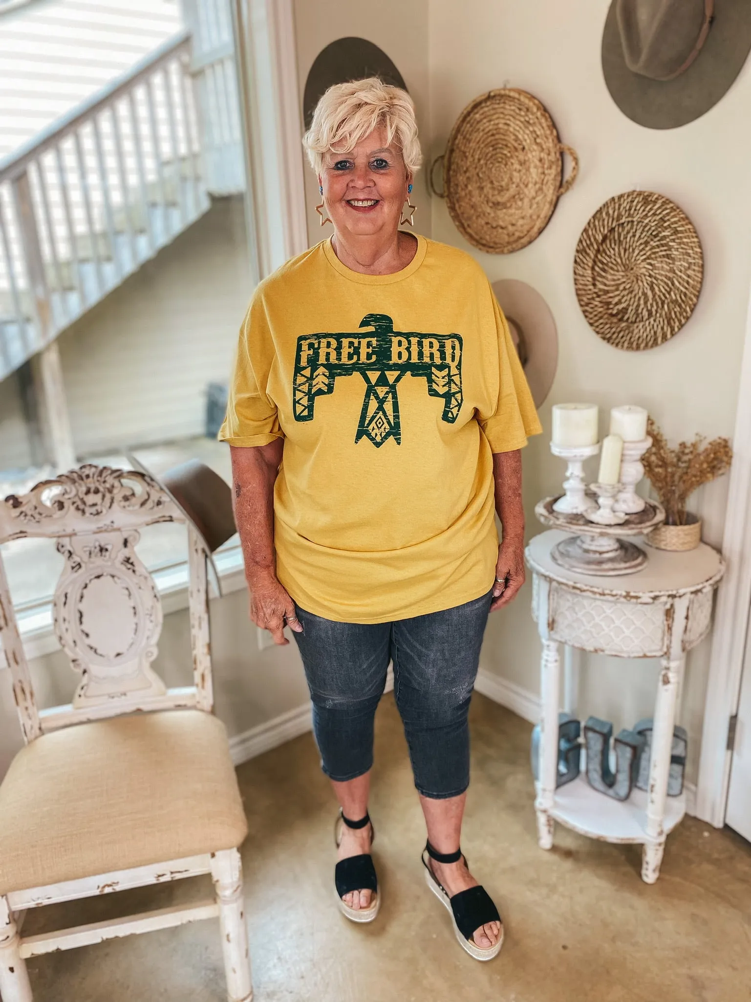 Last Chance Size Small | Free Bird Thunderbird Short Sleeve Graphic Tee in Mustard Yellow