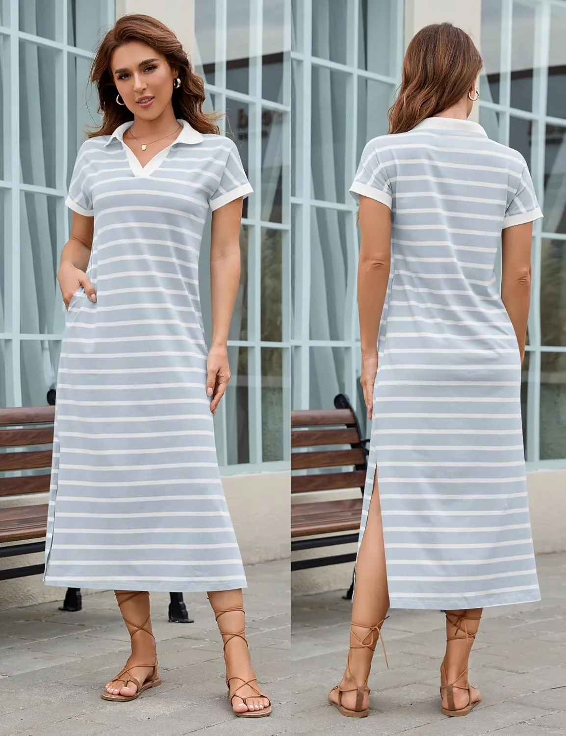 LOMON Women's Casual Vacation Dresses Striped Maxi Cruise Outfits Pocket Long Dress Summer Short Sleeve Split Dresses
