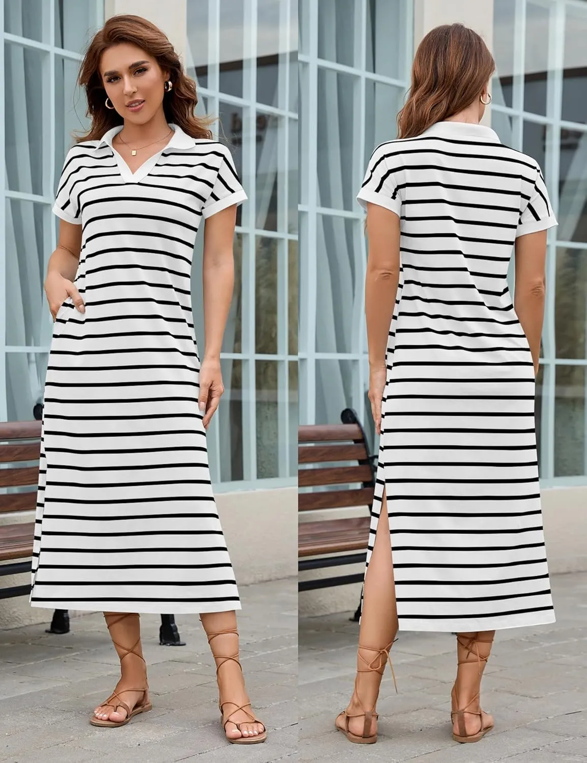 LOMON Women's Casual Vacation Dresses Striped Maxi Cruise Outfits Pocket Long Dress Summer Short Sleeve Split Dresses