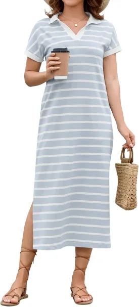 LOMON Women's Casual Vacation Dresses Striped Maxi Cruise Outfits Pocket Long Dress Summer Short Sleeve Split Dresses