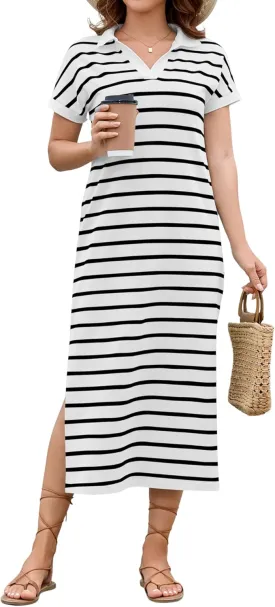 LOMON Women's Casual Vacation Dresses Striped Maxi Cruise Outfits Pocket Long Dress Summer Short Sleeve Split Dresses