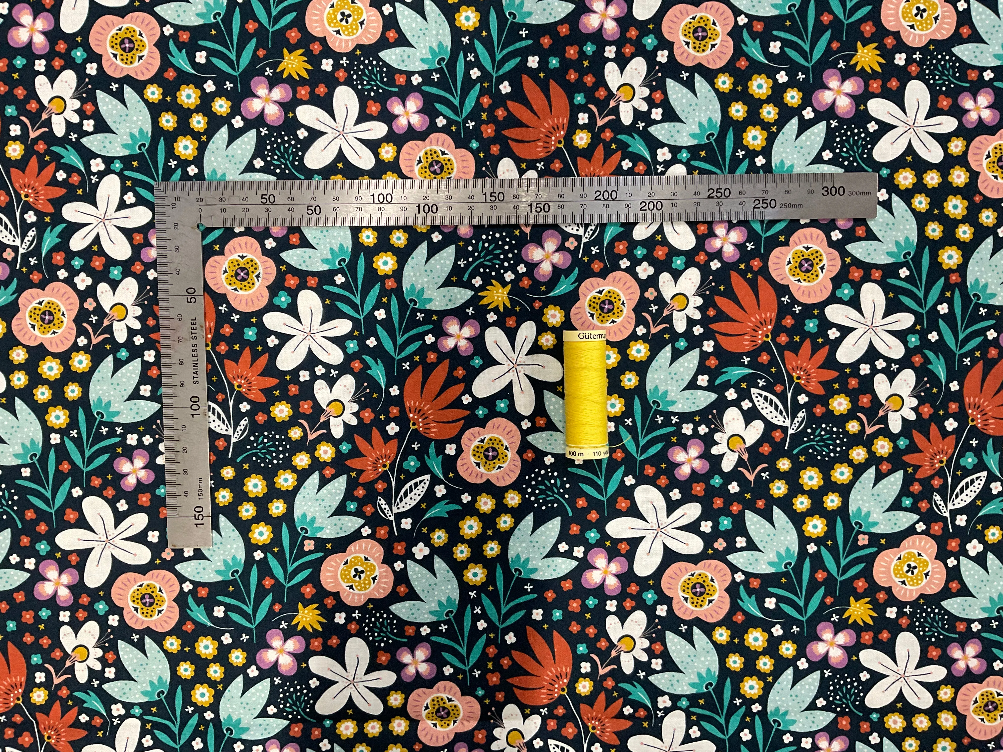 Magical Meadow - Large Flowers on Navy - Dashwood Design Cotton