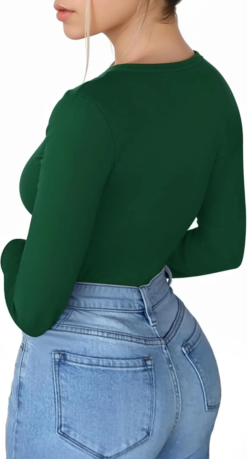 MANGOPOP Deep V Neck Long Sleeve Shirts for Women Sexy Slim Fitted T Shirt Tops