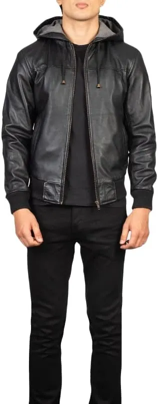 Mens Genuine Black Hooded Bomber Leather Jacket | Real Lambskin Leather Jackets for Men with Hood