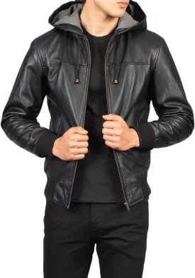 Mens Genuine Black Hooded Bomber Leather Jacket | Real Lambskin Leather Jackets for Men with Hood
