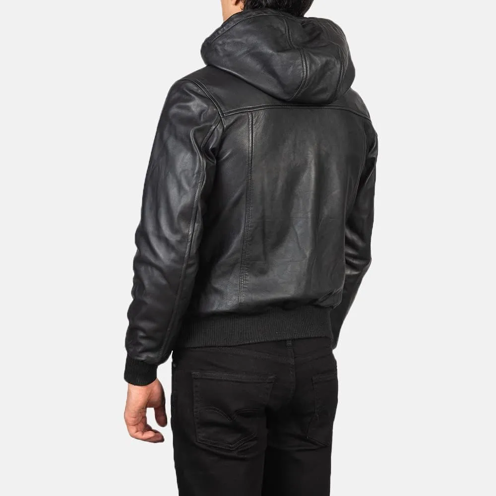 Mens Genuine Black Hooded Bomber Leather Jacket | Real Lambskin Leather Jackets for Men with Hood