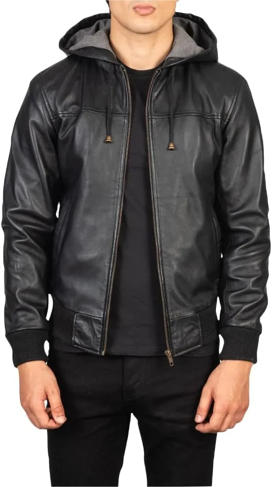 Mens Genuine Black Hooded Bomber Leather Jacket | Real Lambskin Leather Jackets for Men with Hood