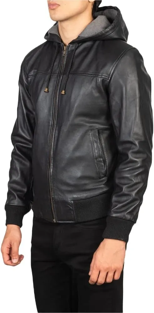 Mens Genuine Black Hooded Bomber Leather Jacket | Real Lambskin Leather Jackets for Men with Hood