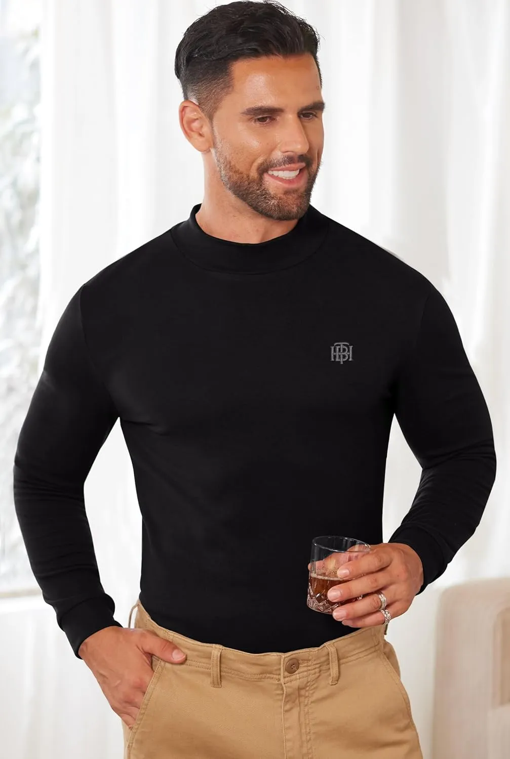 Mens Long Sleeve Thermal Shirts Mock Neck Stretchy Classic Pullover (S-XXL)