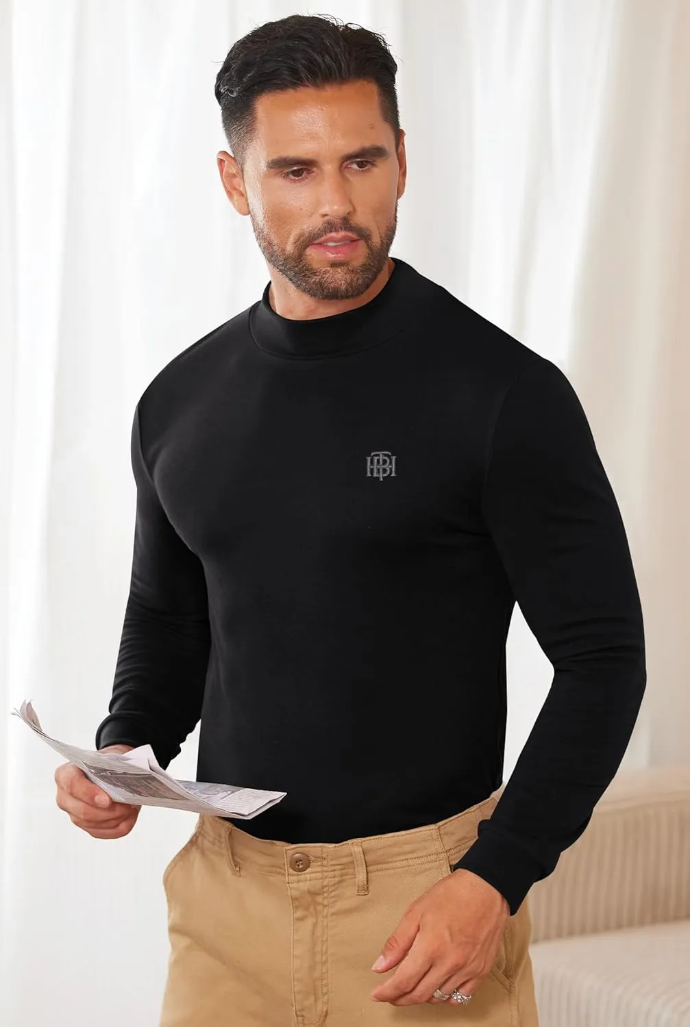 Mens Long Sleeve Thermal Shirts Mock Neck Stretchy Classic Pullover (S-XXL)