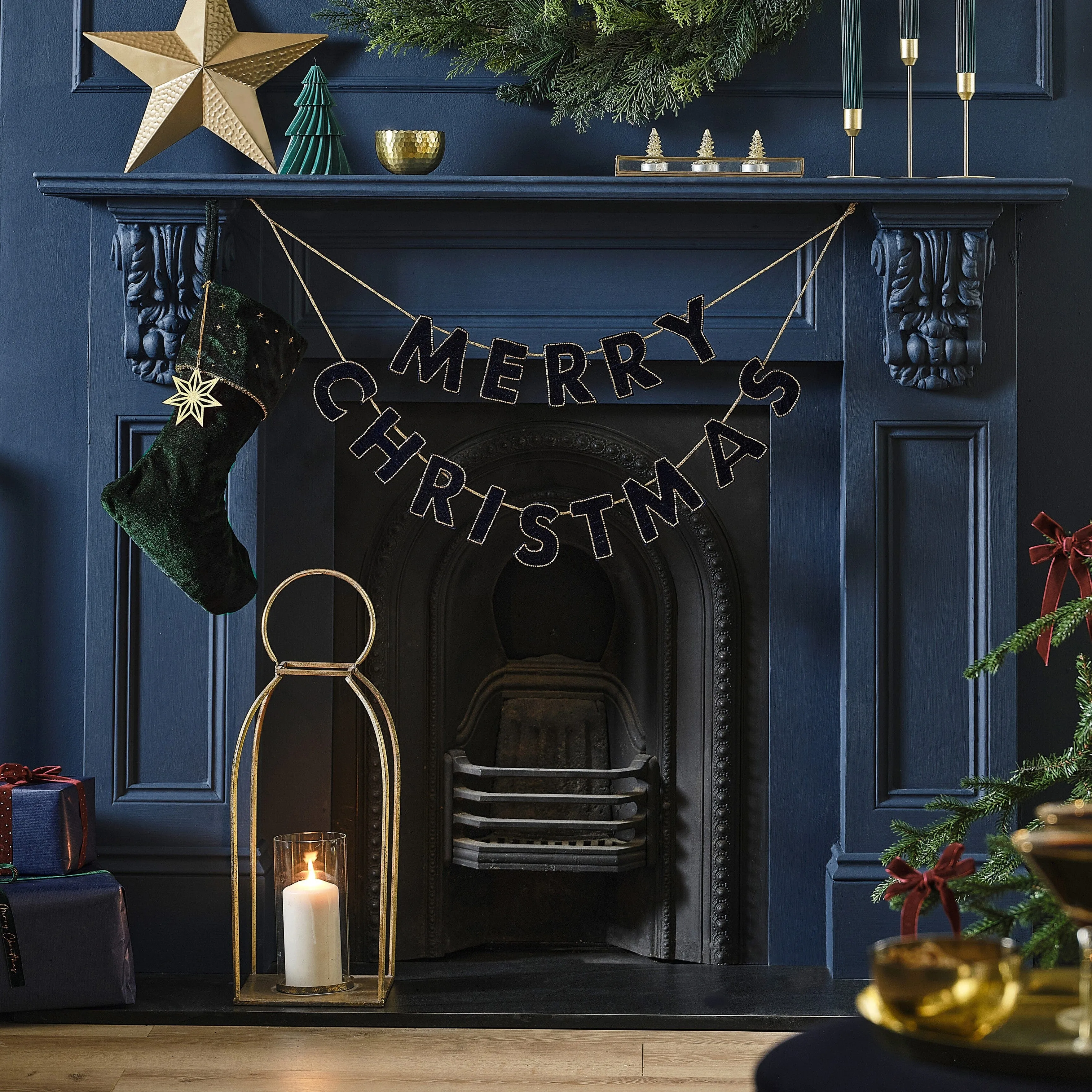 Navy Velvet Beaded Merry Christmas Bunting