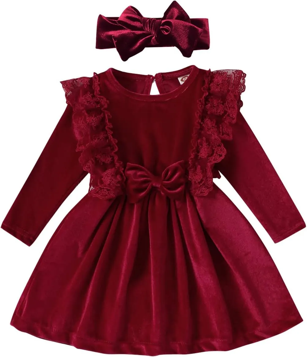 OBEEII Toddler Baby Girls Christmas Velvet Dress Ruffle A-Line Birthday Party Holiday Princess Dress Fall Winter Clothes