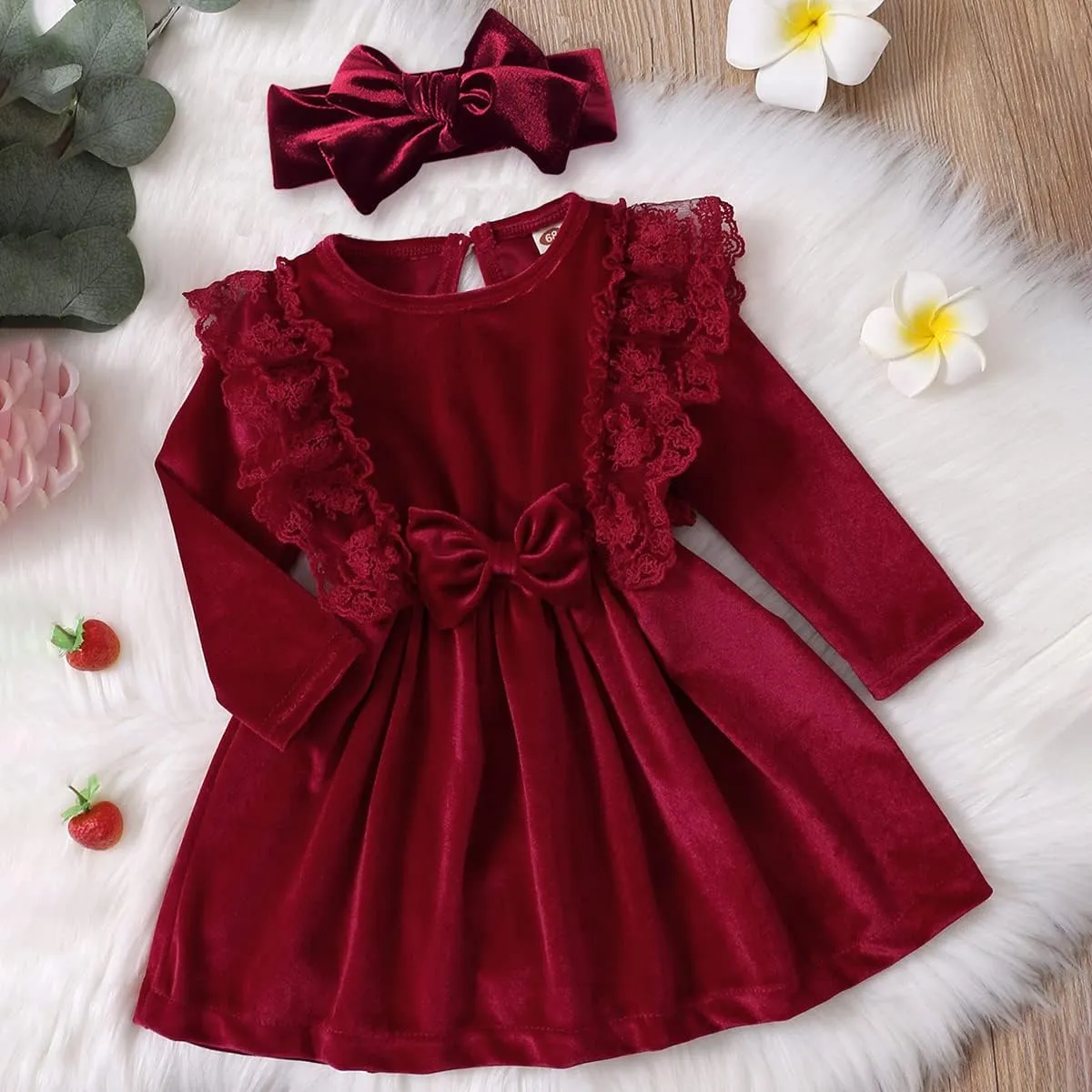 OBEEII Toddler Baby Girls Christmas Velvet Dress Ruffle A-Line Birthday Party Holiday Princess Dress Fall Winter Clothes
