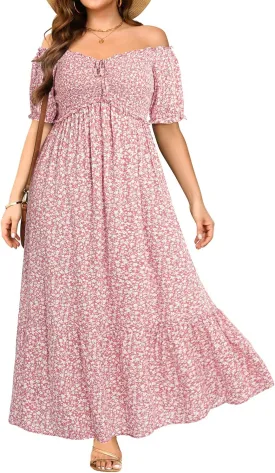 Plus Size Sun Dresses Women - Summer Off The Shoulder Puff Sleeve A Line Boho Maxi Flow Long Dress 2025