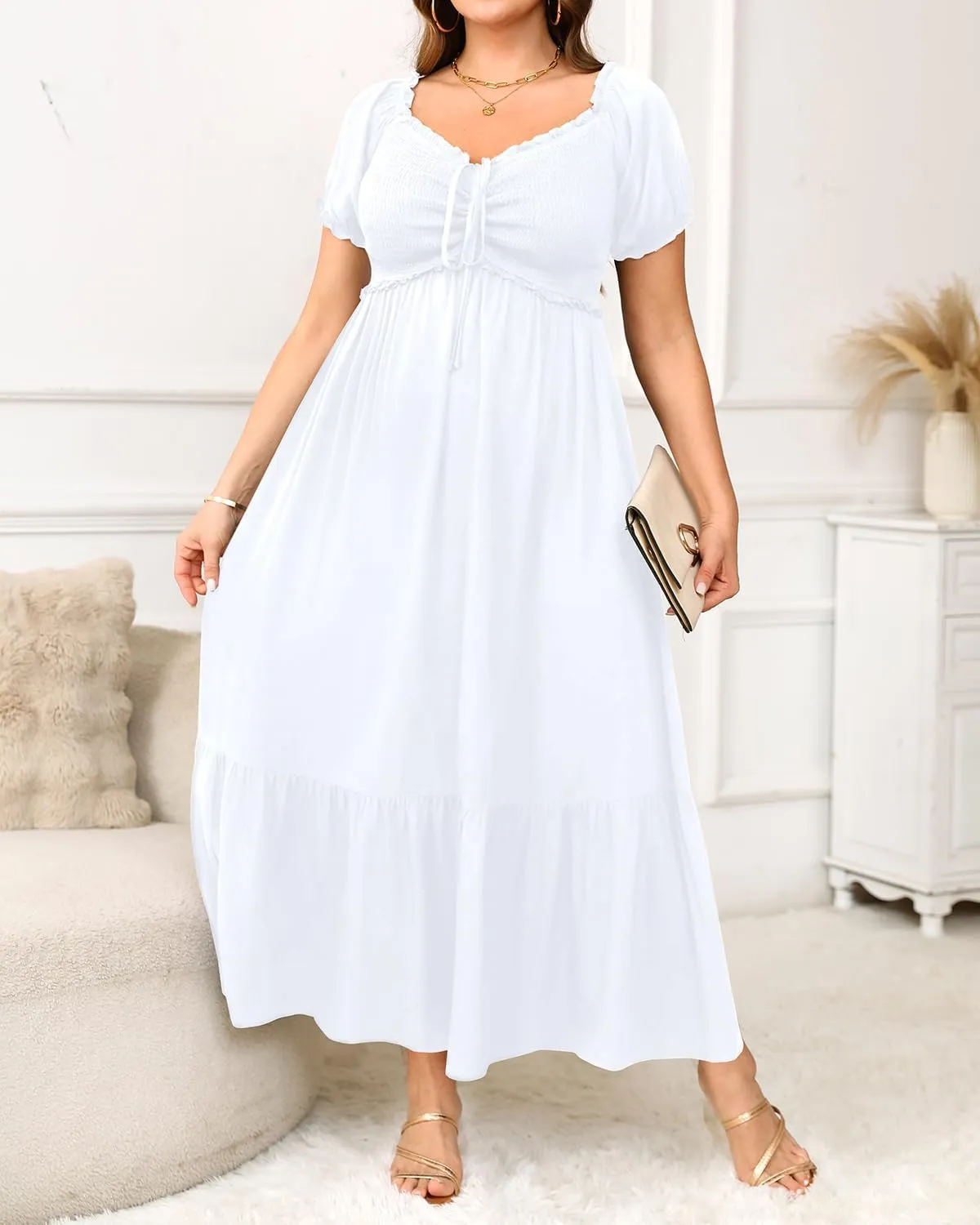 Plus Size Sun Dresses Women - Summer Off The Shoulder Puff Sleeve A Line Boho Maxi Flow Long Dress 2025