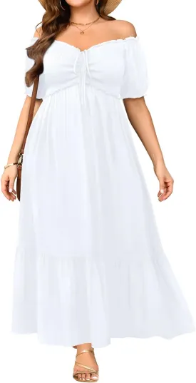 Plus Size Sun Dresses Women - Summer Off The Shoulder Puff Sleeve A Line Boho Maxi Flow Long Dress 2025