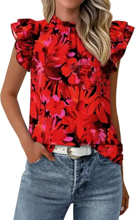 PRETTYGARDEN Women's Ruffle Short Sleeve Summer Tops 2025 Trendy Floral Trim Neck Casual Dressy Chiffon Boho Blouses Shirts