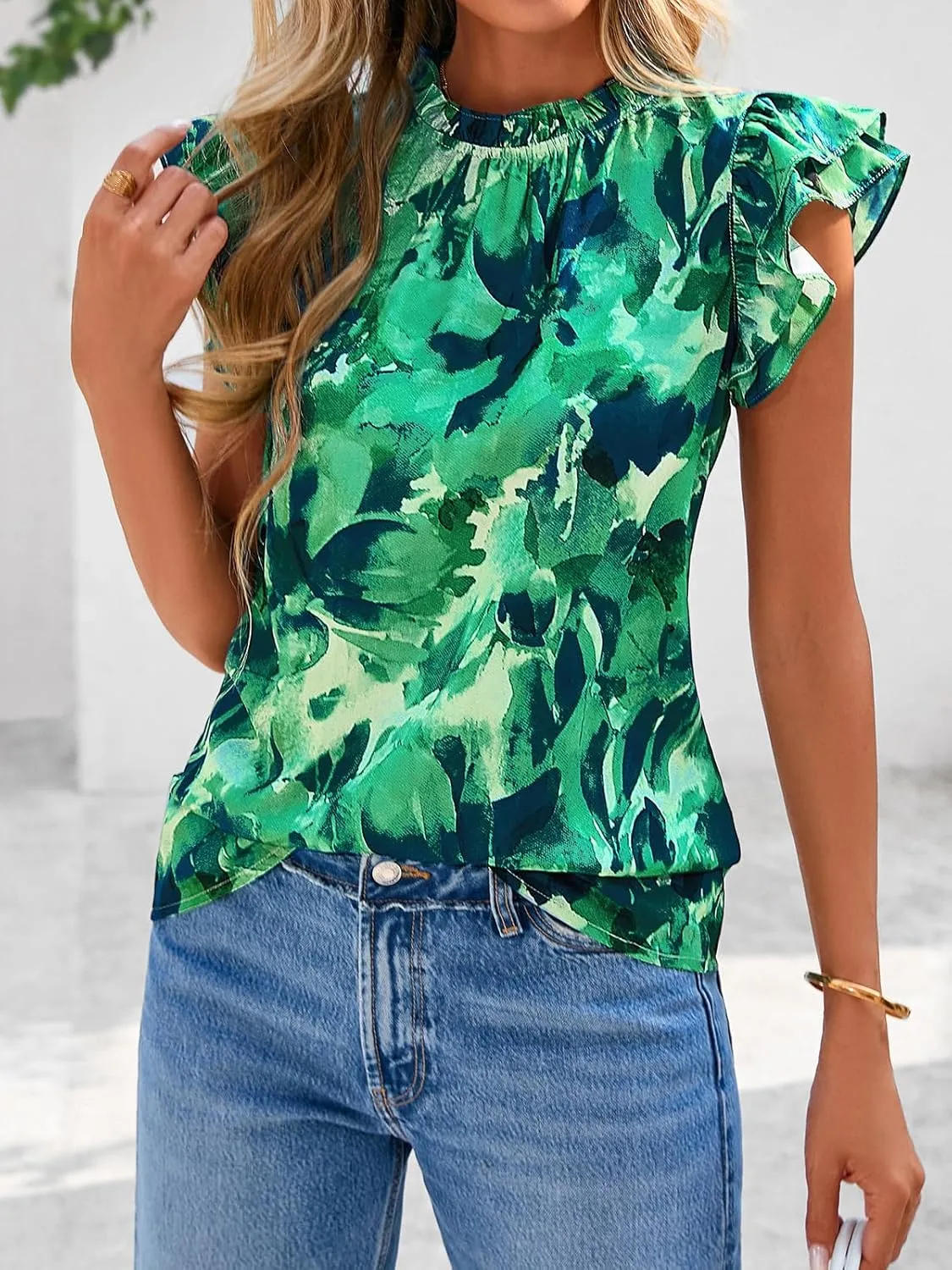 PRETTYGARDEN Women's Ruffle Short Sleeve Summer Tops 2025 Trendy Floral Trim Neck Casual Dressy Chiffon Boho Blouses Shirts