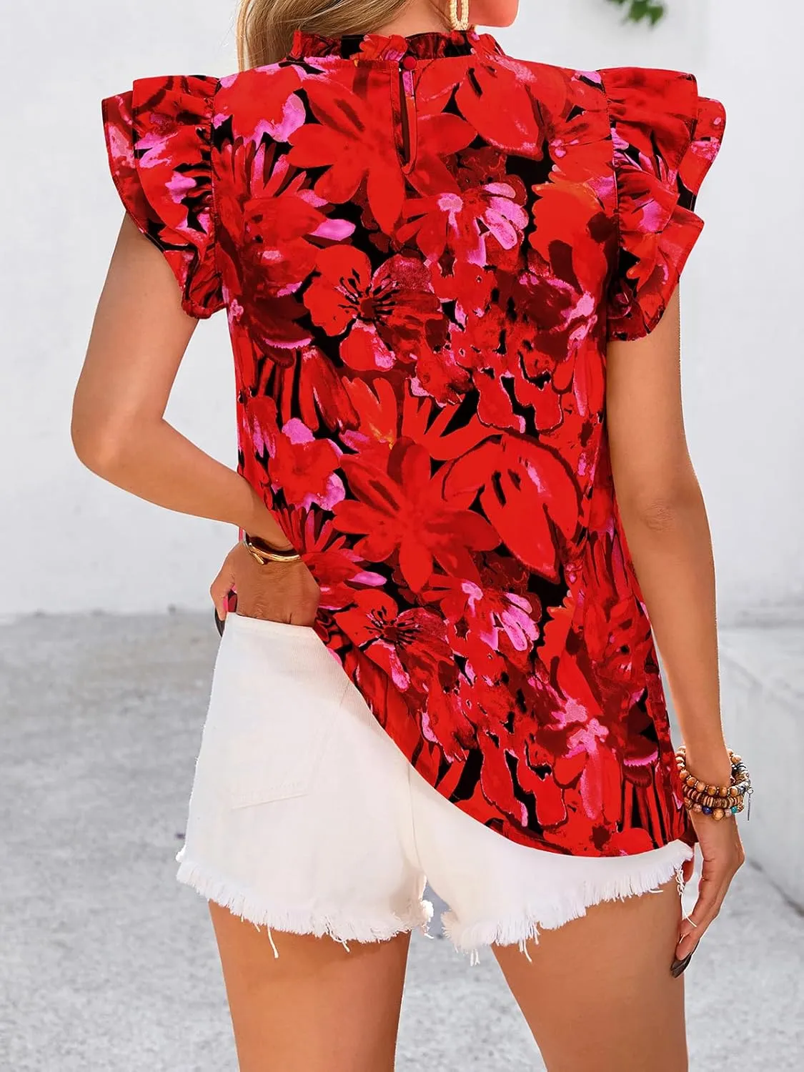 PRETTYGARDEN Women's Ruffle Short Sleeve Summer Tops 2025 Trendy Floral Trim Neck Casual Dressy Chiffon Boho Blouses Shirts
