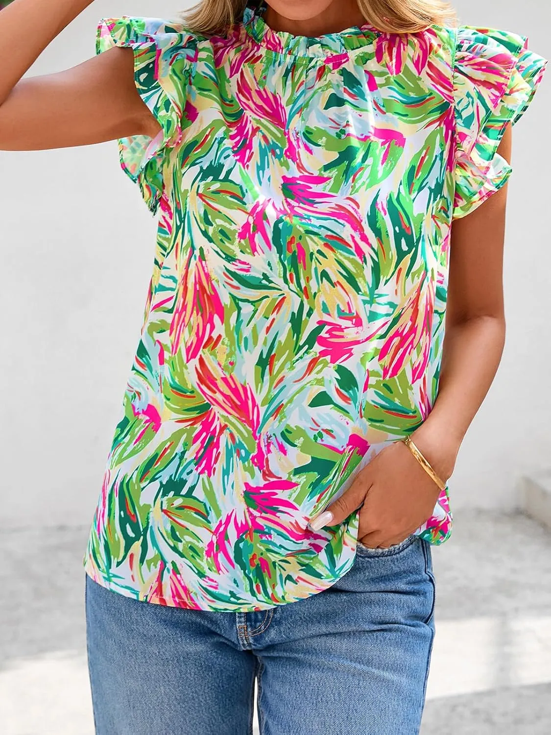 PRETTYGARDEN Women's Ruffle Short Sleeve Summer Tops 2025 Trendy Floral Trim Neck Casual Dressy Chiffon Boho Blouses Shirts