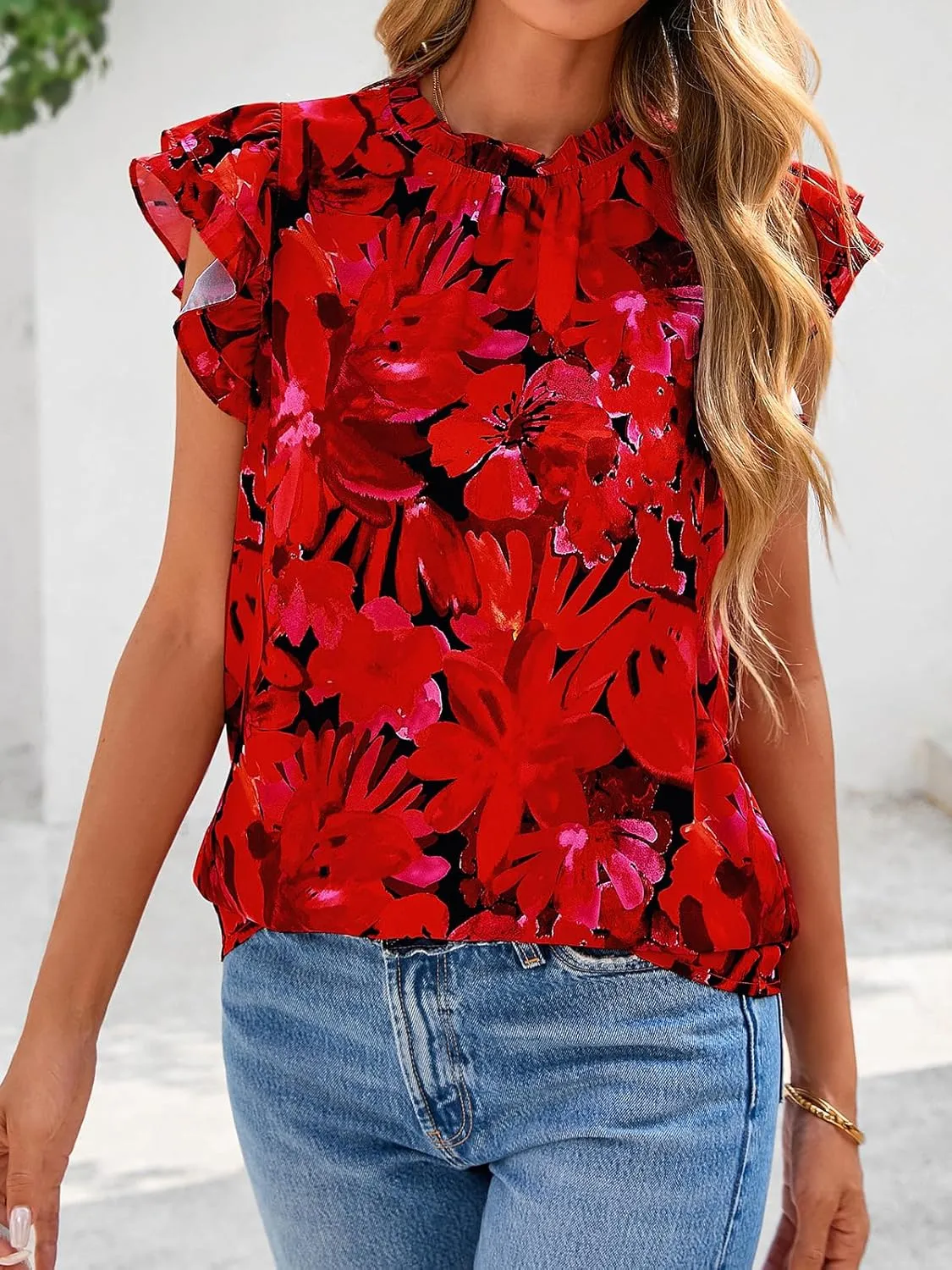 PRETTYGARDEN Women's Ruffle Short Sleeve Summer Tops 2025 Trendy Floral Trim Neck Casual Dressy Chiffon Boho Blouses Shirts