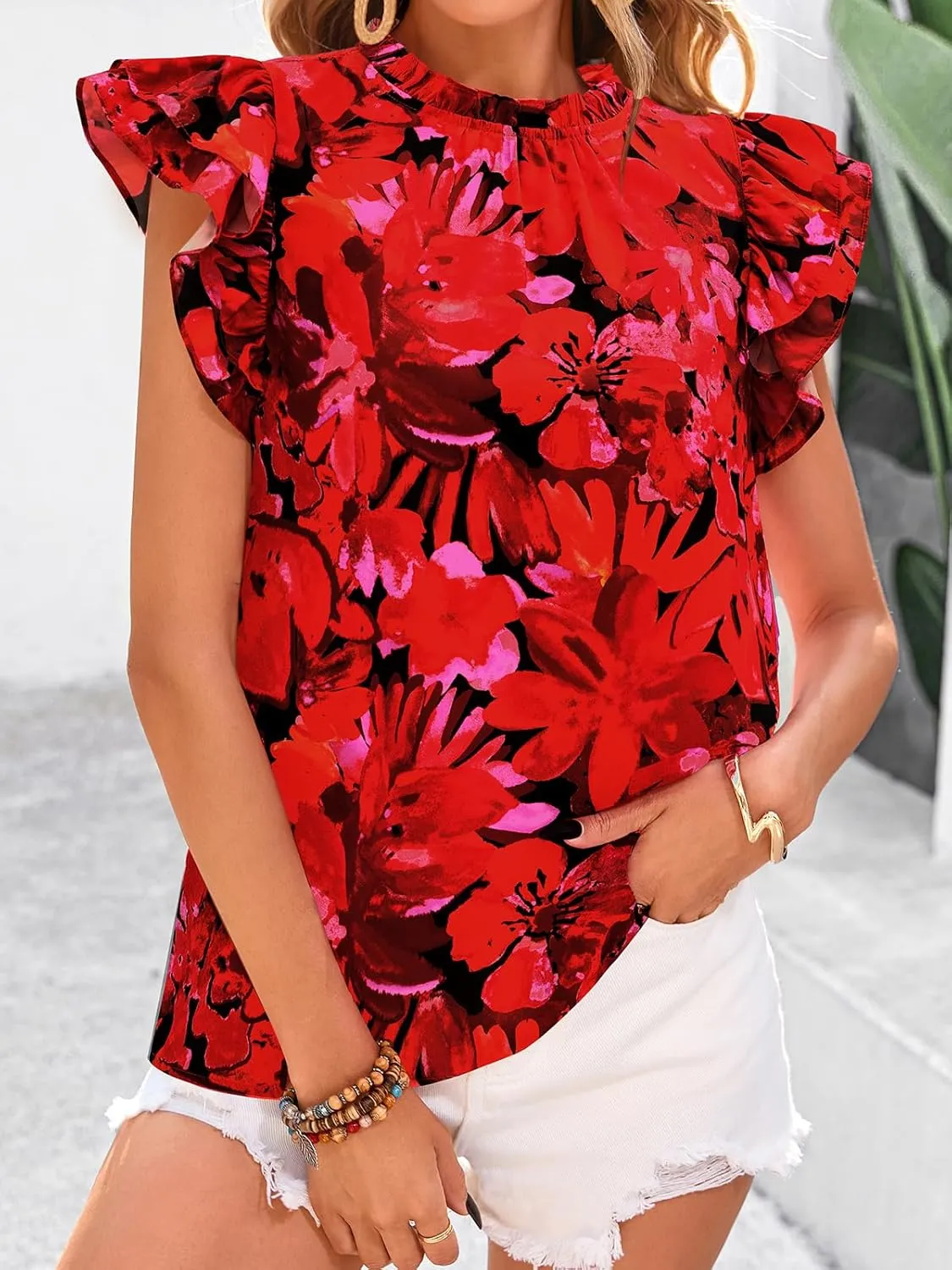PRETTYGARDEN Women's Ruffle Short Sleeve Summer Tops 2025 Trendy Floral Trim Neck Casual Dressy Chiffon Boho Blouses Shirts