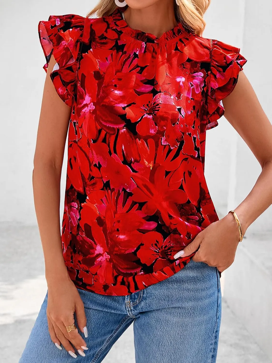 PRETTYGARDEN Women's Ruffle Short Sleeve Summer Tops 2025 Trendy Floral Trim Neck Casual Dressy Chiffon Boho Blouses Shirts