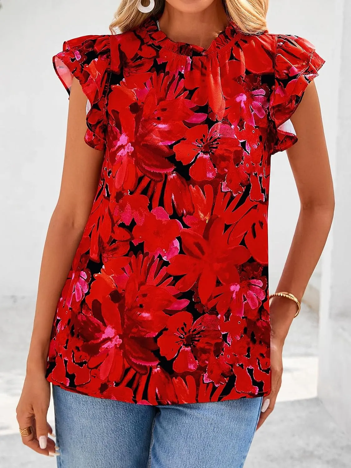 PRETTYGARDEN Women's Ruffle Short Sleeve Summer Tops 2025 Trendy Floral Trim Neck Casual Dressy Chiffon Boho Blouses Shirts