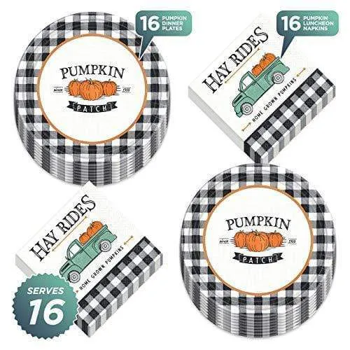Pumpkin Truck Fall Harvest Paper Dinner Plates and Lunch Napkins (Serves 16)