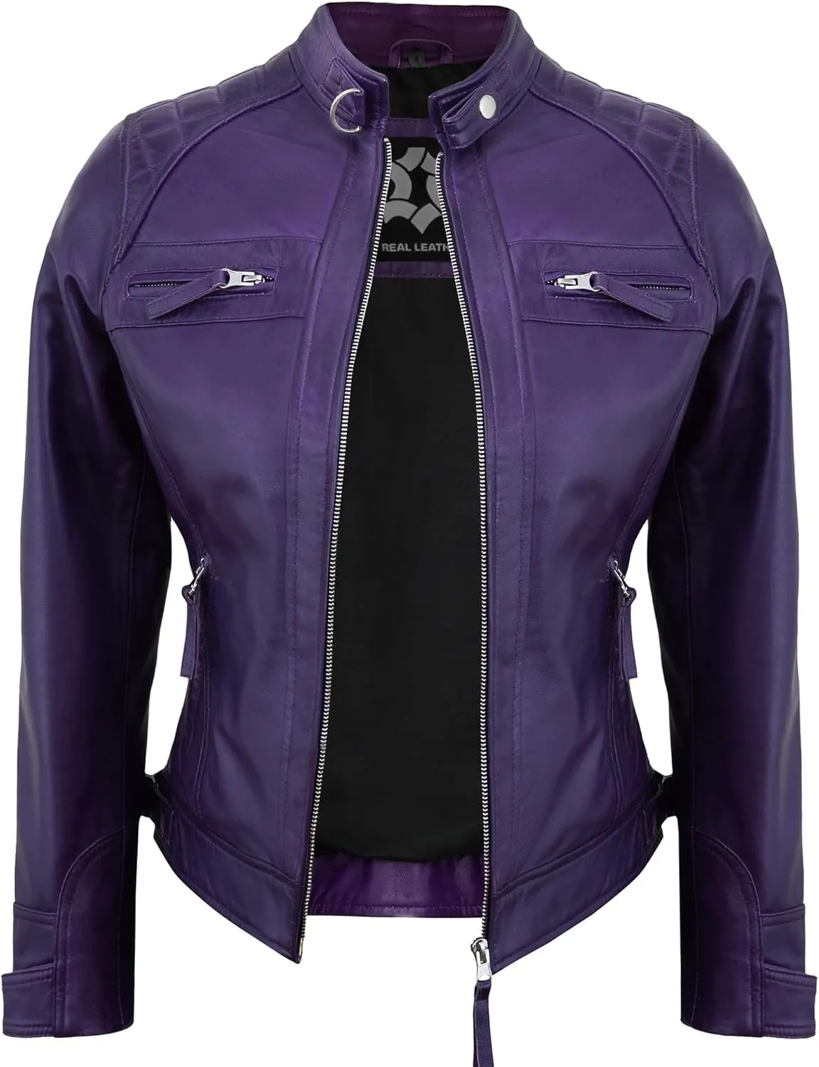 Real Lambskin Trendy Womens Leather Jackets Moto Biker Style Zip Up Motorcycle Jacket Women Outerwear With Pockets