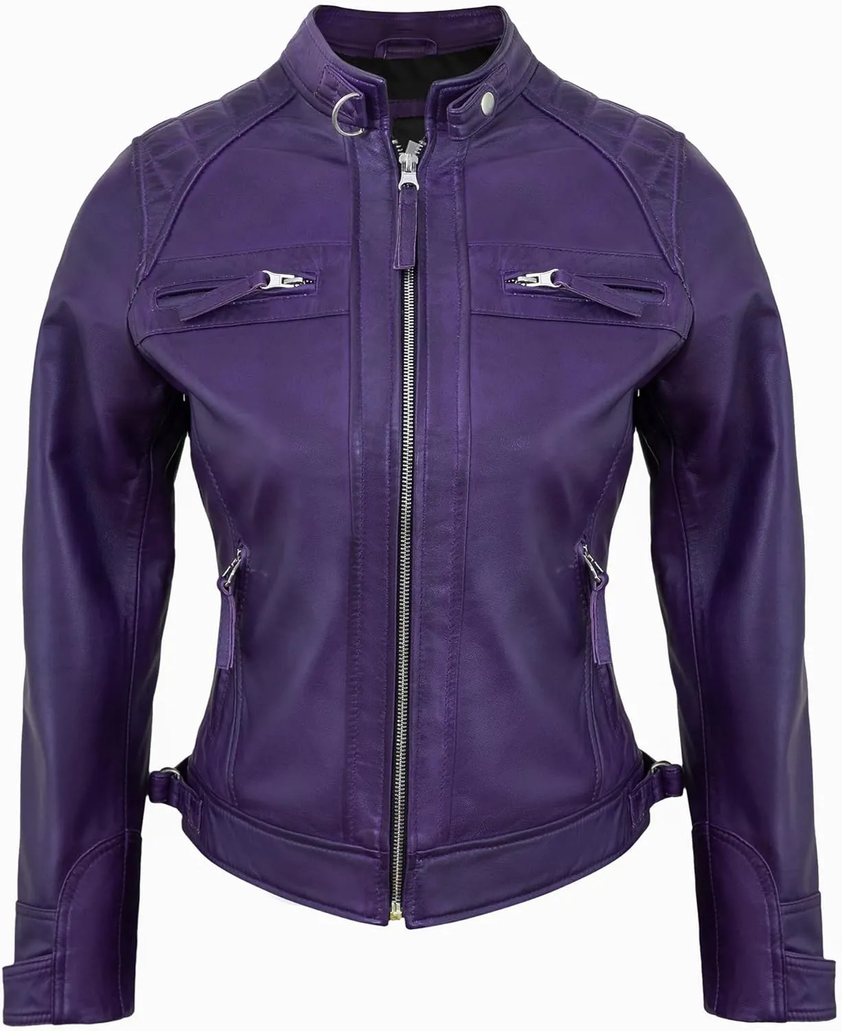 Real Lambskin Trendy Womens Leather Jackets Moto Biker Style Zip Up Motorcycle Jacket Women Outerwear With Pockets