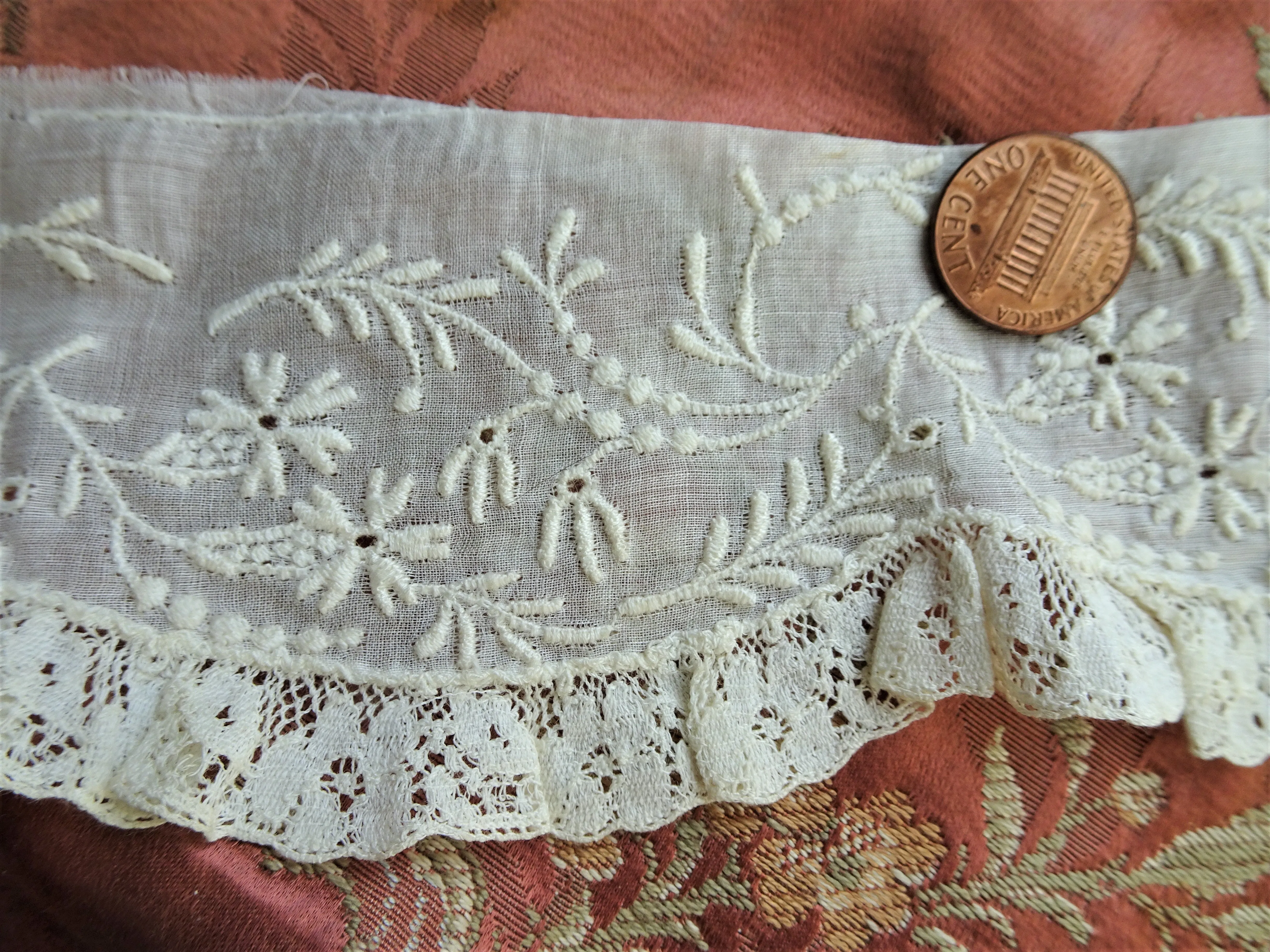 RESERVED BEAUTIFUL Antique French White On White Embroidered Flounce Trim,Heirloom lace,For Dolls Christening Gowns Bridal, Journals, Fine Crafts,Collectible Vintage Lace