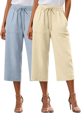 Riyiper 2 Pcs Women's Cotton Linen Wide Leg Capri Pants, Drawstring Casual Cropped Trousers Loose Palazzo Pants with Pockets