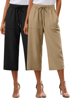Riyiper 2 Pcs Women's Cotton Linen Wide Leg Capri Pants, Drawstring Casual Cropped Trousers Loose Palazzo Pants with Pockets