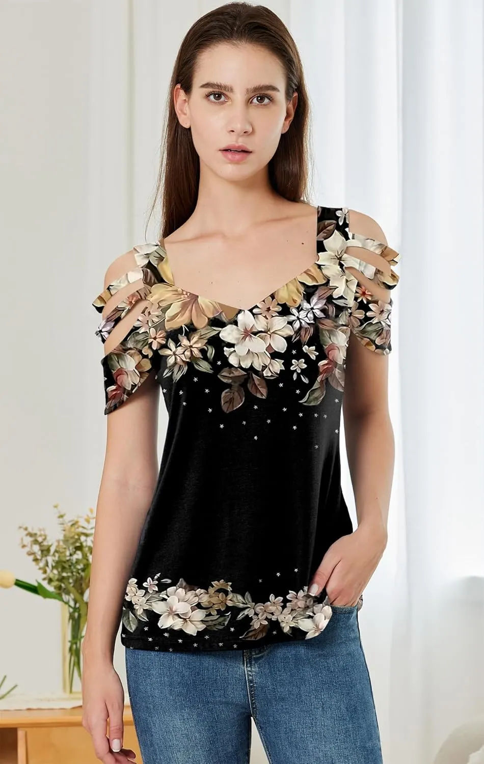 SAUKOLE Summer Women Cold Shoulder Tops Casual Loose Hollow Out Short Sleeve T Shirt Sexy V Neck Tops Blouses