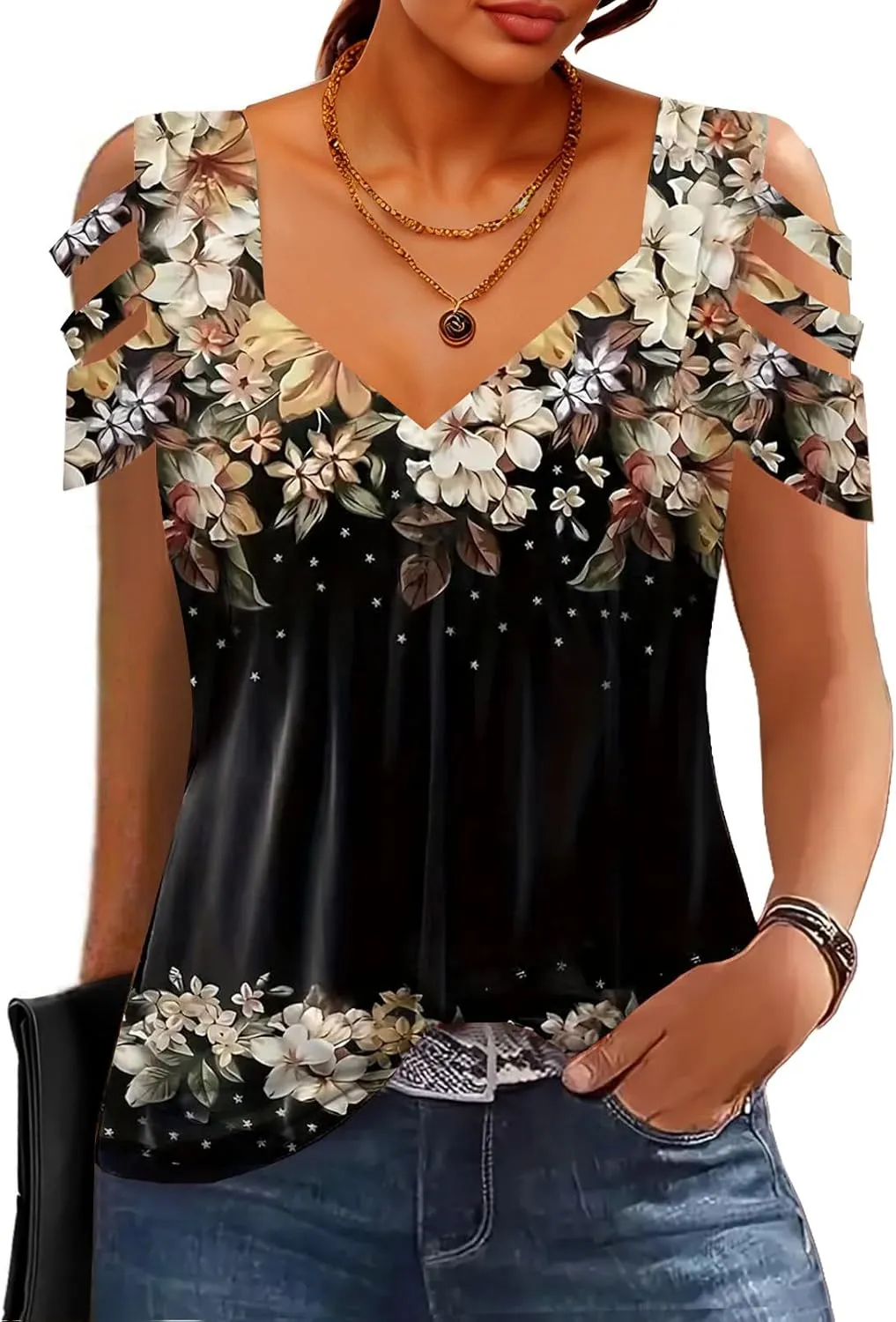 SAUKOLE Summer Women Cold Shoulder Tops Casual Loose Hollow Out Short Sleeve T Shirt Sexy V Neck Tops Blouses