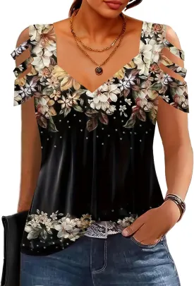 SAUKOLE Summer Women Cold Shoulder Tops Casual Loose Hollow Out Short Sleeve T Shirt Sexy V Neck Tops Blouses