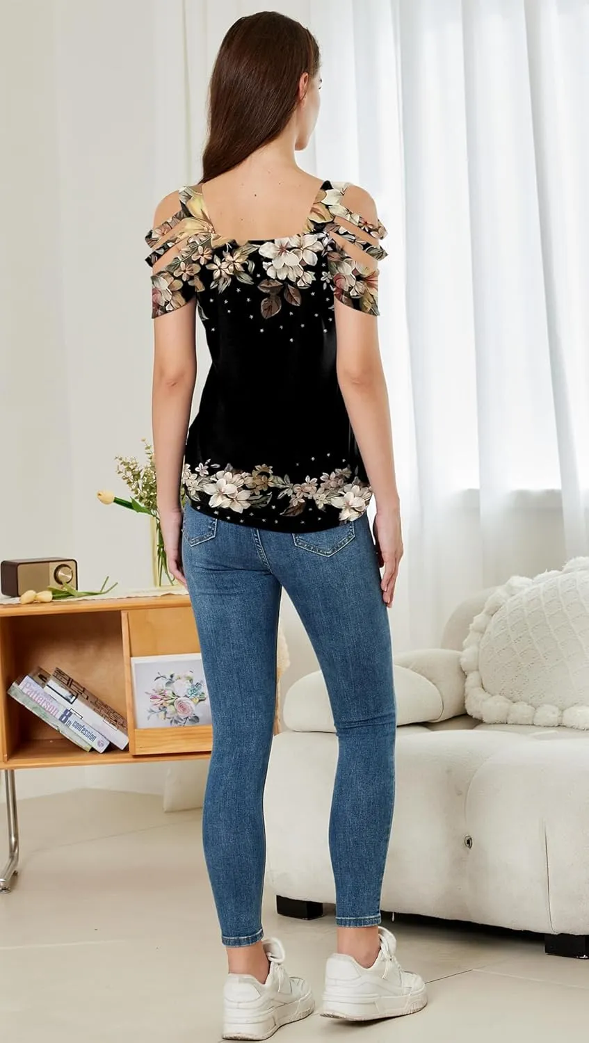 SAUKOLE Summer Women Cold Shoulder Tops Casual Loose Hollow Out Short Sleeve T Shirt Sexy V Neck Tops Blouses