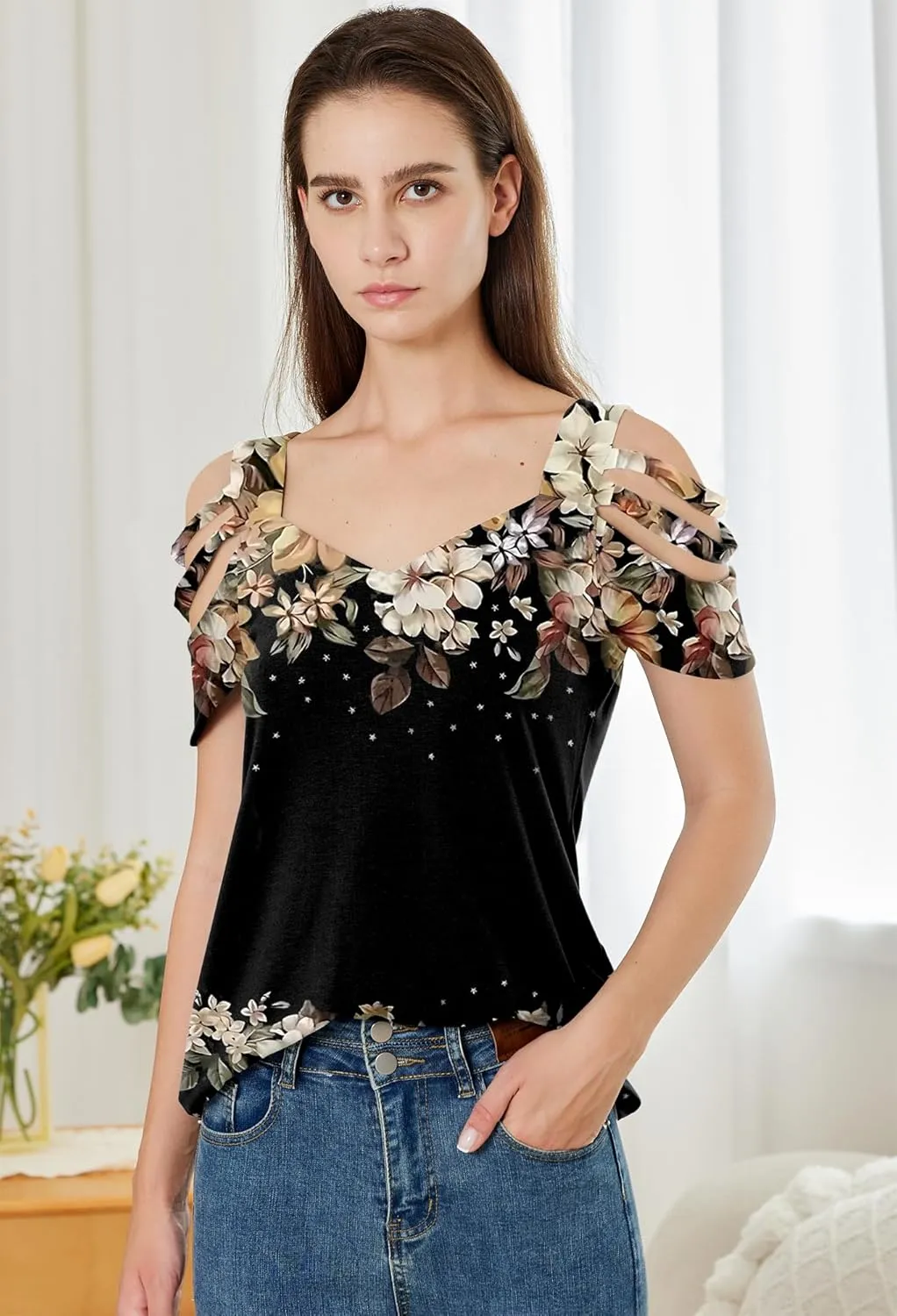 SAUKOLE Summer Women Cold Shoulder Tops Casual Loose Hollow Out Short Sleeve T Shirt Sexy V Neck Tops Blouses