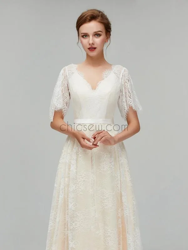 Simple Half Sleeves V Back Lace A Line Long Wedding Dresses XDM1112