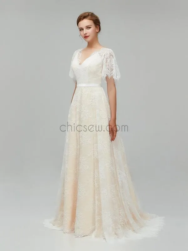 Simple Half Sleeves V Back Lace A Line Long Wedding Dresses XDM1112