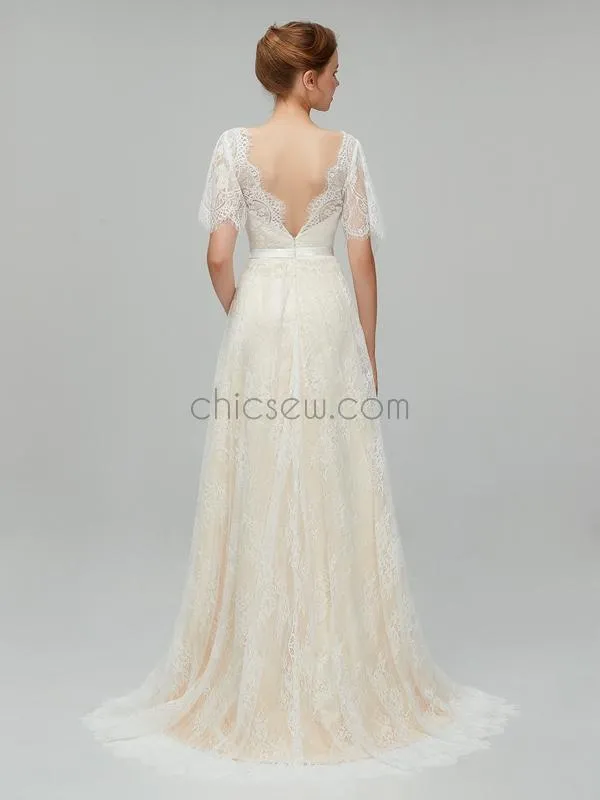 Simple Half Sleeves V Back Lace A Line Long Wedding Dresses XDM1112