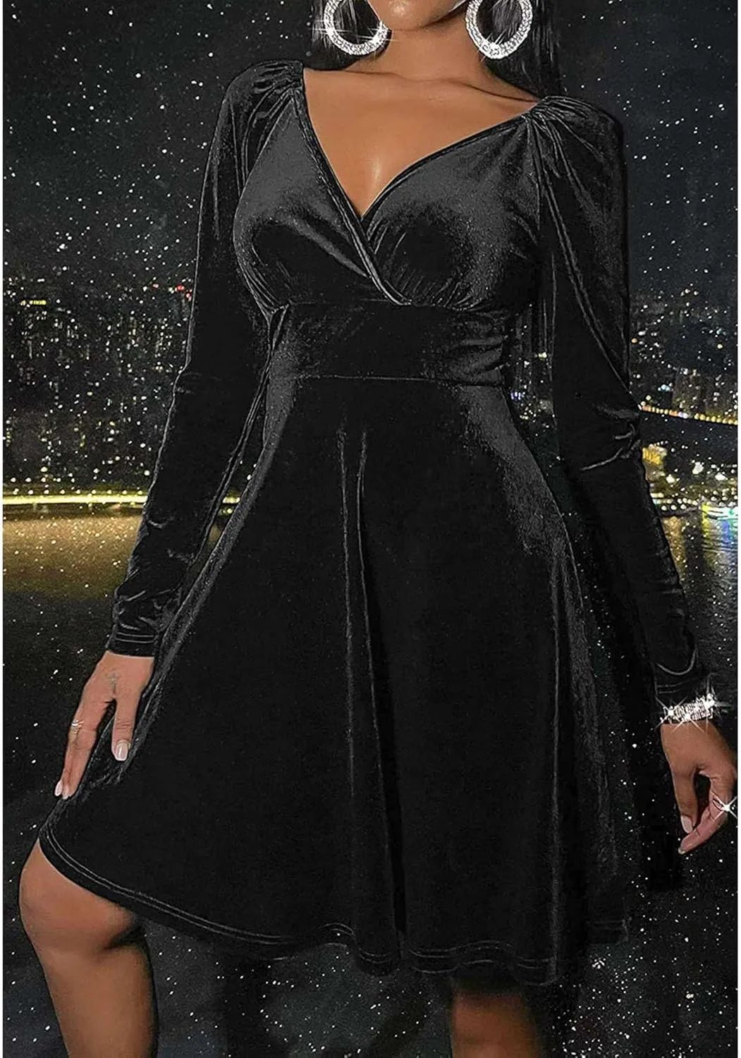 SOMTHRON Women's Sexy Velvet Mini Dress Wrap V Neck Long Sleeve Pleated A-Line Swing Cocktail Evening Party Dress