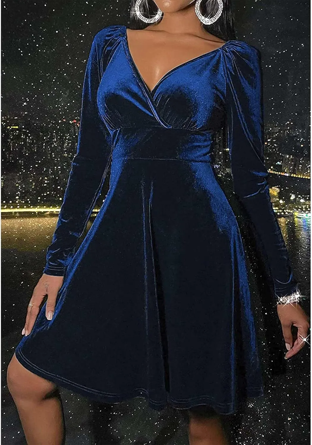 SOMTHRON Women's Sexy Velvet Mini Dress Wrap V Neck Long Sleeve Pleated A-Line Swing Cocktail Evening Party Dress