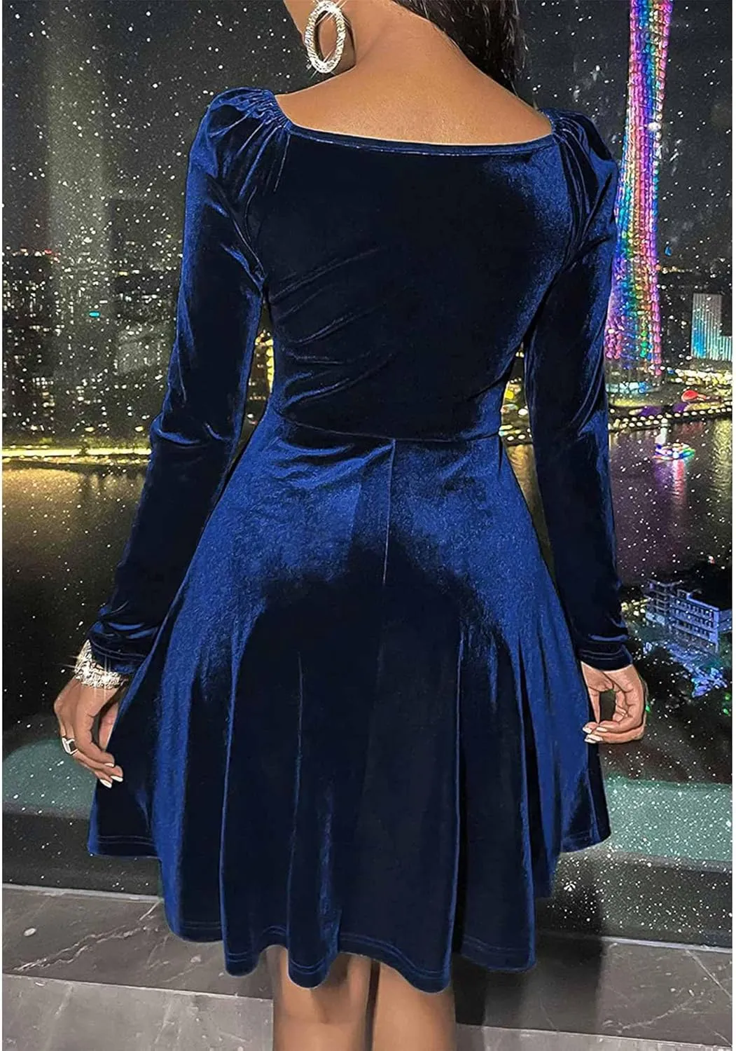 SOMTHRON Women's Sexy Velvet Mini Dress Wrap V Neck Long Sleeve Pleated A-Line Swing Cocktail Evening Party Dress