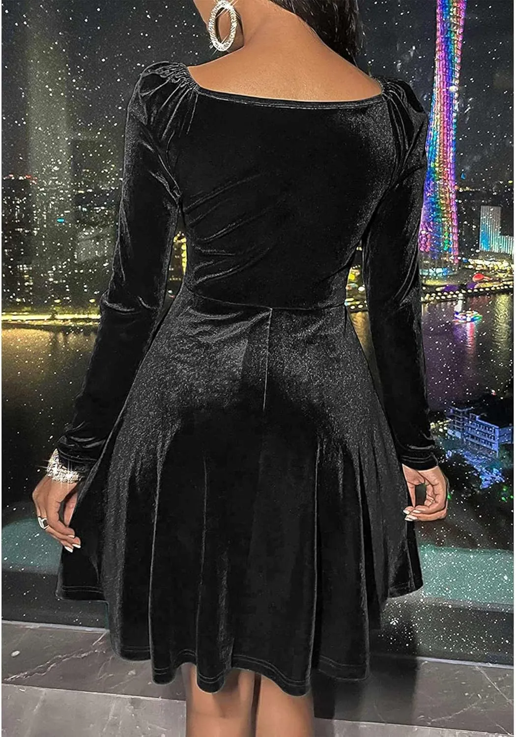 SOMTHRON Women's Sexy Velvet Mini Dress Wrap V Neck Long Sleeve Pleated A-Line Swing Cocktail Evening Party Dress